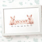 Pig family of five portrait personalised with names displayed in an A4 white wood frame for a thoughful gift for mum