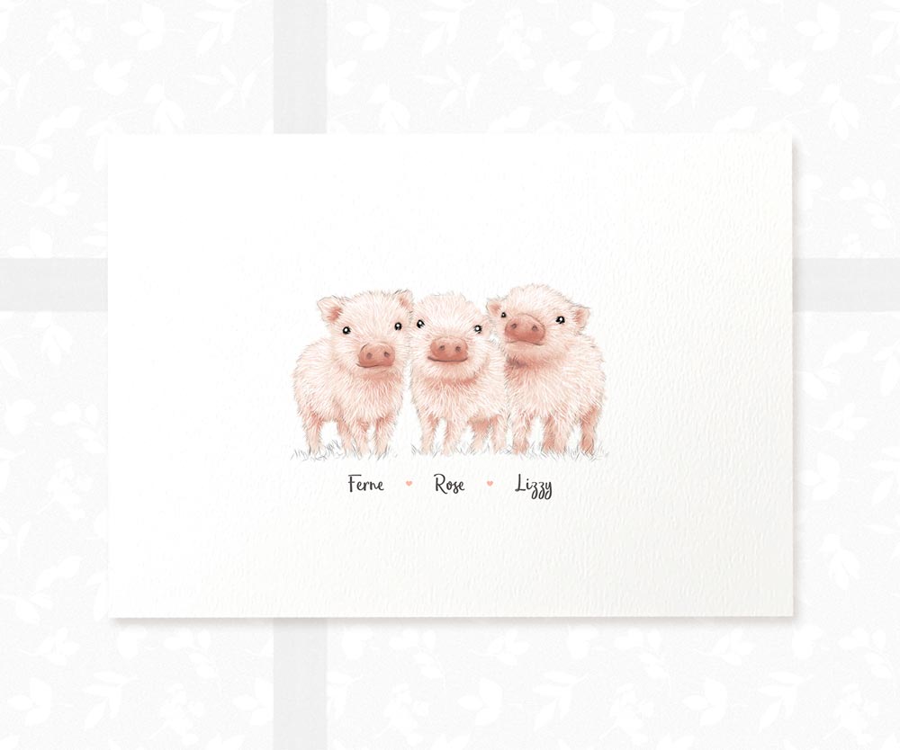 Three baby piglets framed A3 family print with names for a unique baby shower gift