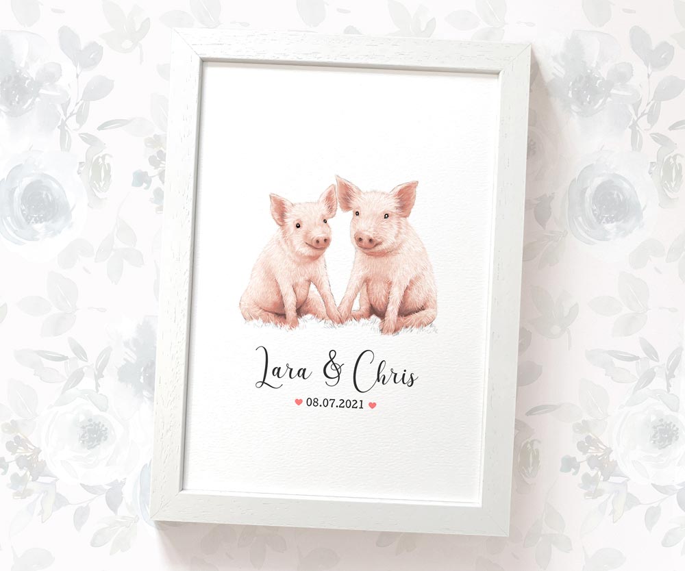 Personalized Pig Couple A4 Framed Print Featuring Newlywed Names And Date For A Unique Wedding Gift