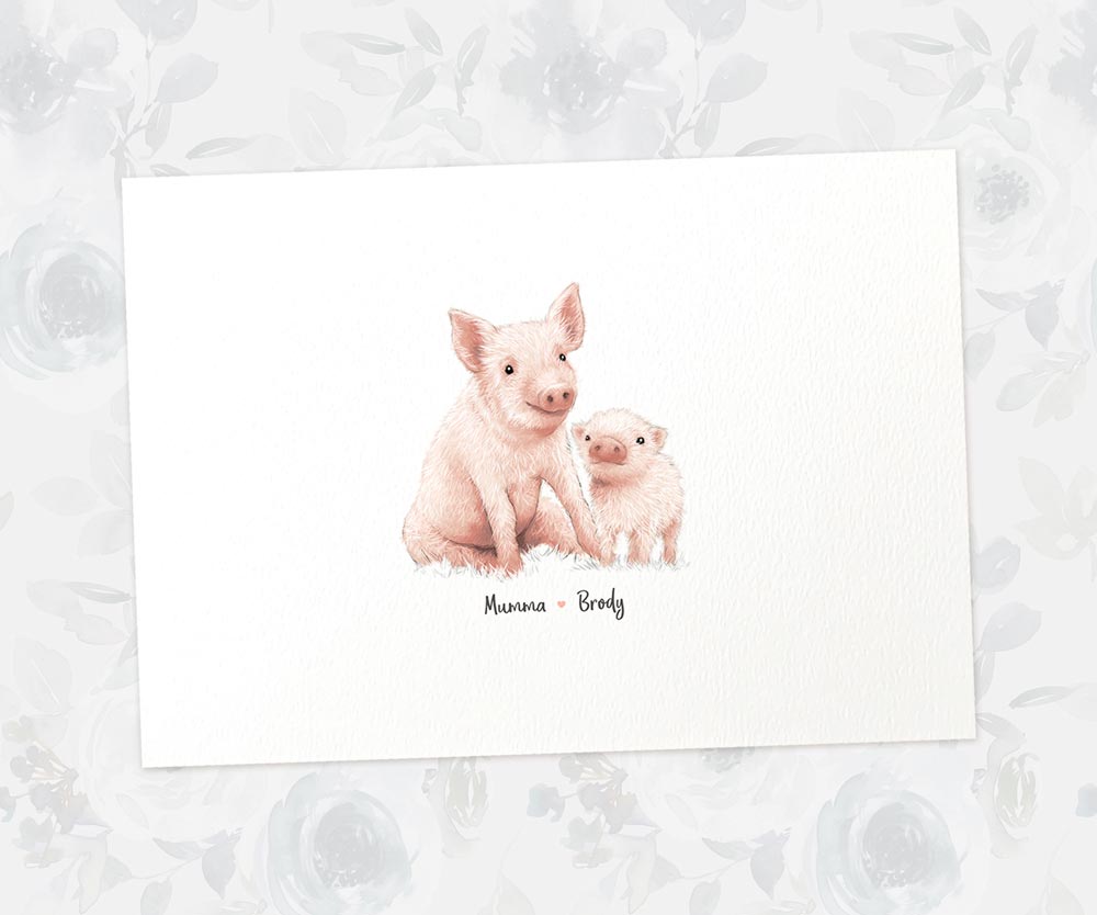 Printed A4 pig family print featuring mum and baby with names for the best mothers day gift