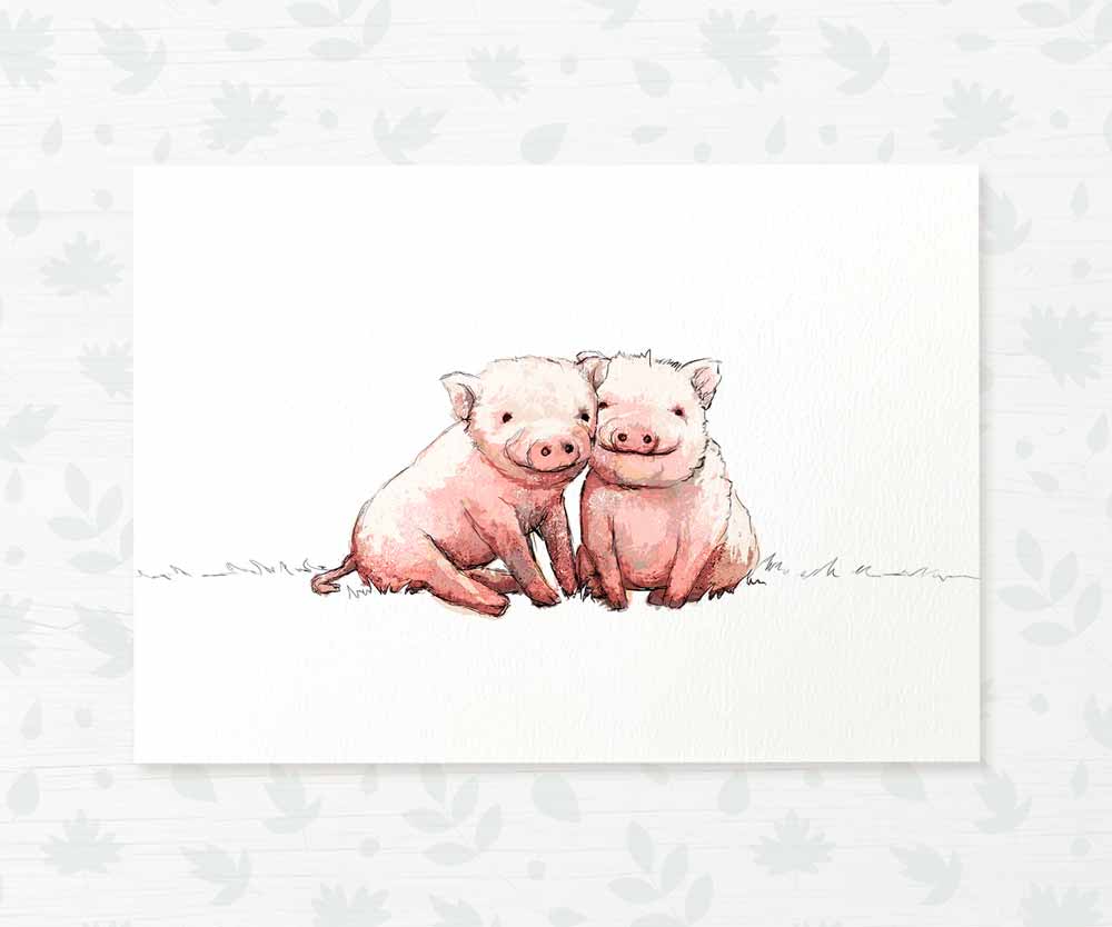 Twin Pig Farm Animal Nursery Art Print | Children's Wall Art