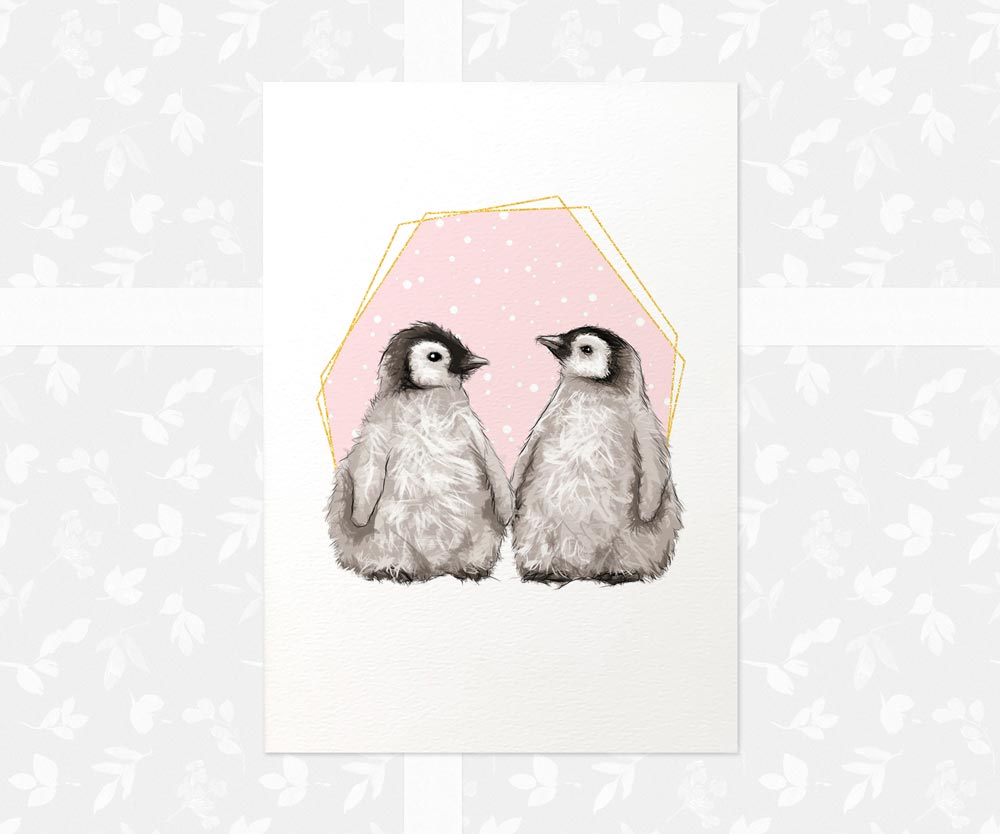 Twin Nursery Prints New Baby Shower Gift Girl Pink Penguin Childrens Wall Art Set Playroom Decor
