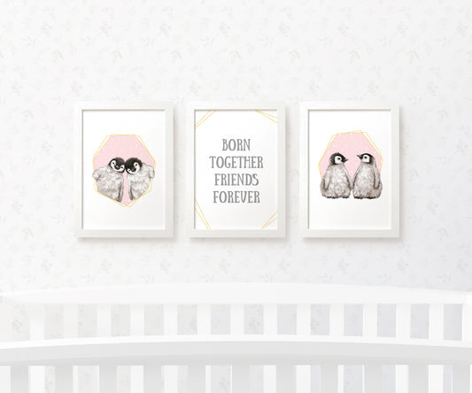 Bird Nursery Prints New Baby Shower Gift Girl Pink Penguin Wall Art Set Playroom Decor UK