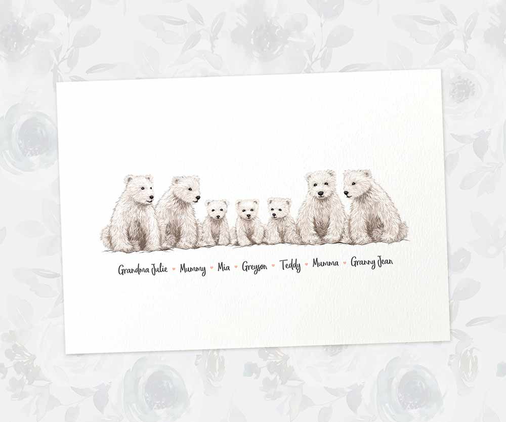 Polar bear family portrait featuring grandma and grandad with grandchildren and personalised names for the best grandparent gift