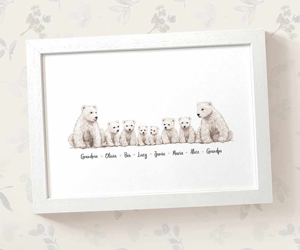 Framed A4 family of polar bears print personalised with names for a special mothers day present
