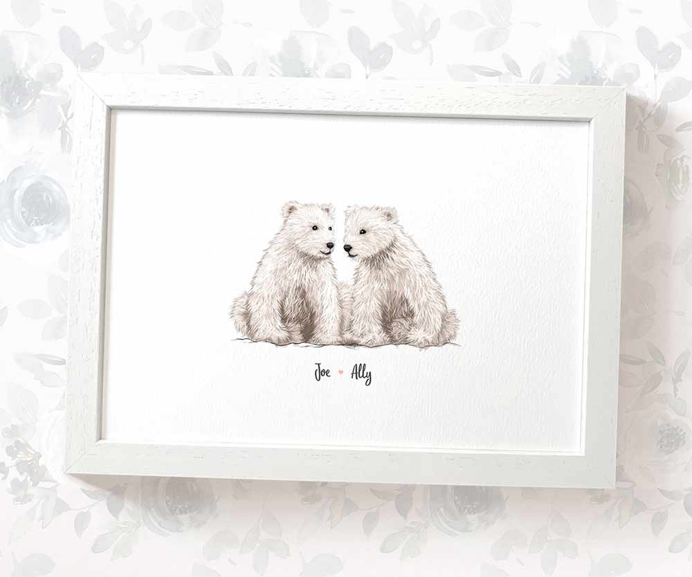 Two polar bears framed A4 print with personalised names beneath for the best husband or wife gift