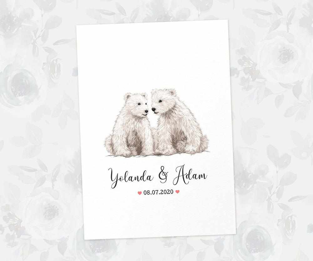 Two Polar Bears A4 Unframed Print Customized With Names And Date For A Thoughtful Valentines Day Gift