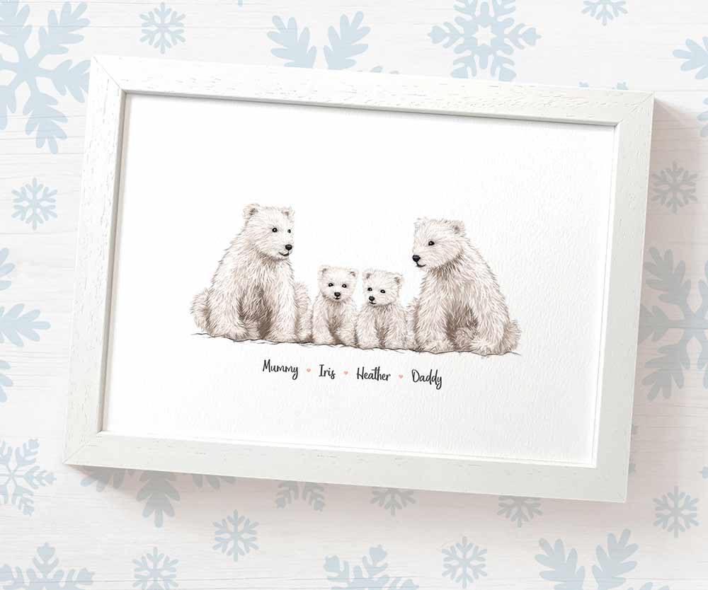 Polar bear family portrait personalised with names displayed in an A4 white wood frame for a thoughful gift for mum