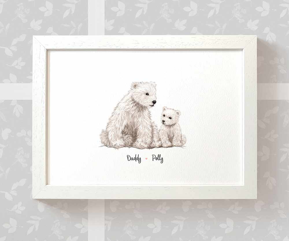Framed A4 polar bear family print featuring dad and baby with names for the best fathers day gift