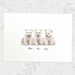 Three baby polar bears A3 family print with names for a unique triplet baby shower gift