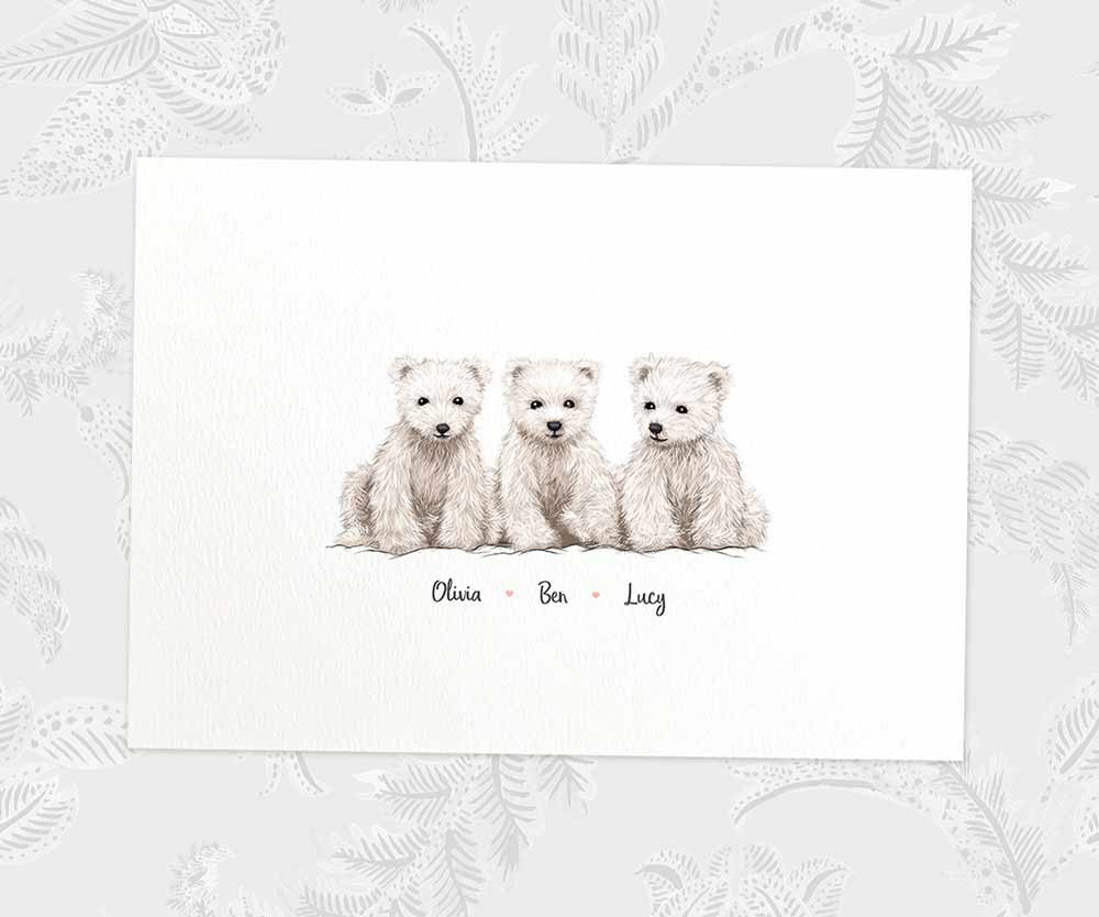 Three baby polar bears A3 family print with names for a unique triplet baby shower gift