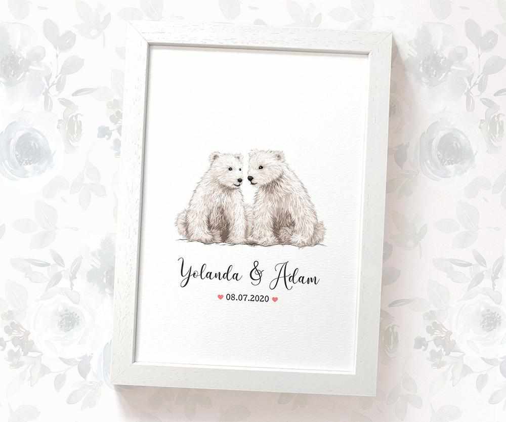 Personalized Polar Bear Couple A4 Framed Print Featuring Names and Date For A Special First Anniversary Gift