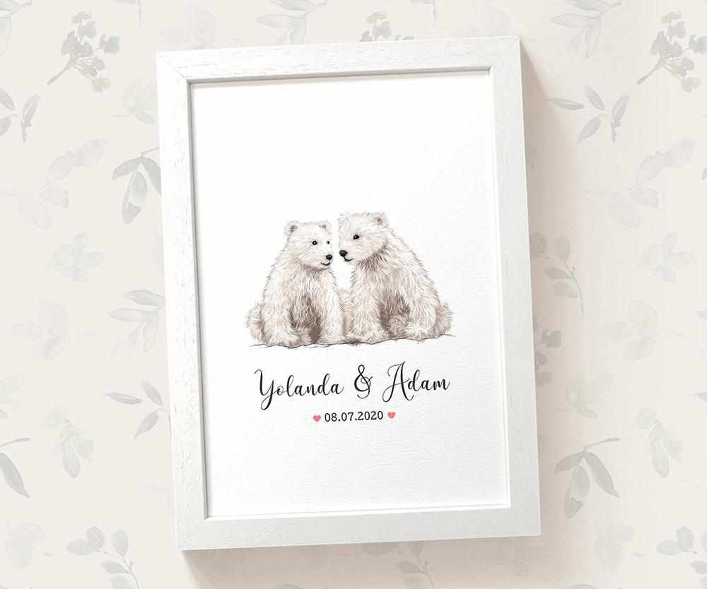 Personalized Polar Bear Couple A4 Framed Print Featuring Newlywed Names And Date For A Unique Wedding Gift