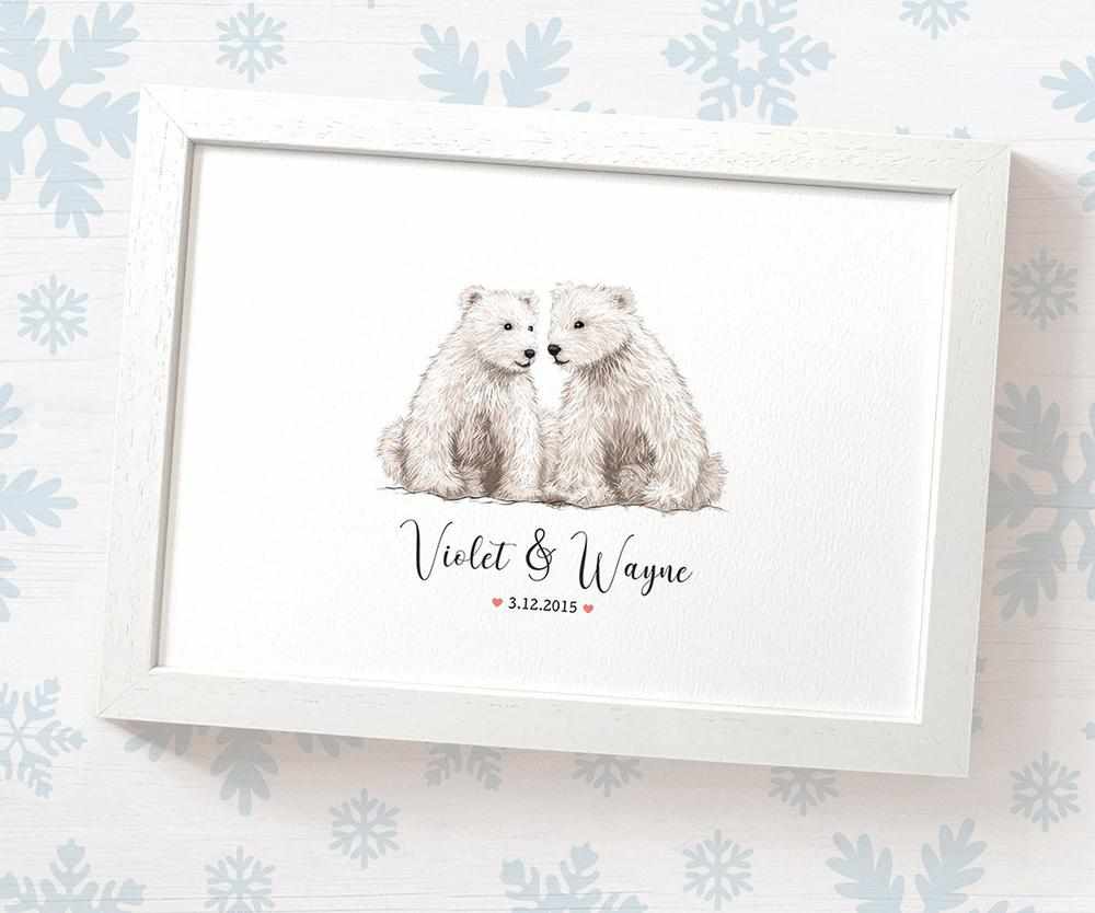 Polar Bear Couple A4 Framed Print Personalized With Names And Date For An Exceptional First Anniversary Gift Idea