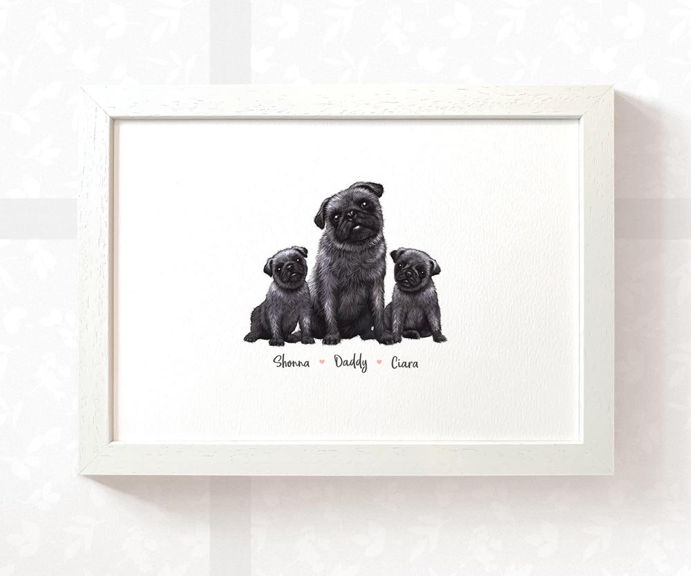 Framed art print of a dad and baby pugs personalised with names for a special fathers day present