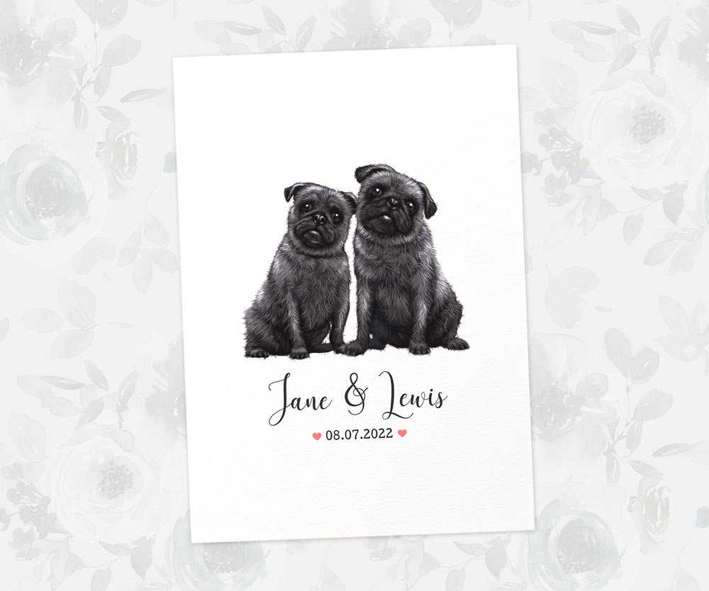 Two Pugs A4 Unframed Print Customized With Names And Date For A Thoughtful Gift For Dog Lovers