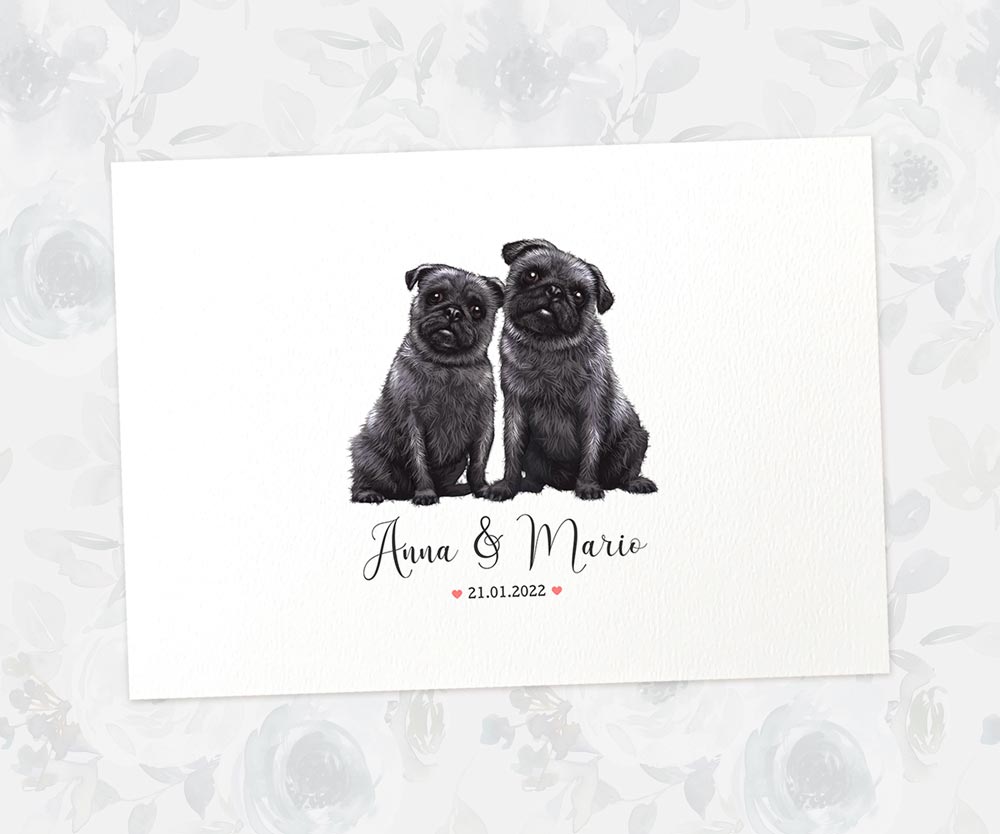 Two Pugs A4 Unframed Print Customized With Names And Date For A Thoughtful Valentines Day Gift