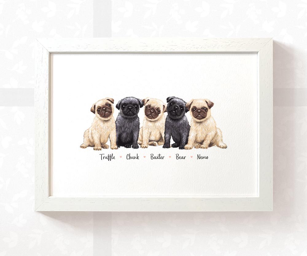 Five baby pugs framed A3 family print with names for a unique baby shower gift