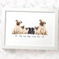 Pug family portrait personalised with names displayed in an A4 white wood frame for a thoughful gift for mum