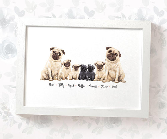 Pug family portrait personalised with names displayed in an A4 white wood frame for a thoughful gift for mum