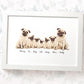 Pug family portrait featuring grandma and grandad with grandchildren and personalised names for the best grandparent gift