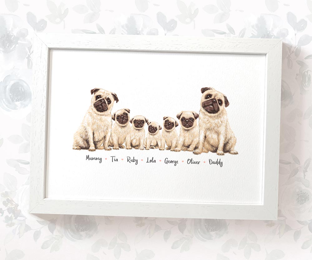 Pug family portrait featuring grandma and grandad with grandchildren and personalised names for the best grandparent gift