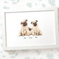 White framed A4 pug family portrait with personalised names for the perfect birthday gift for mum