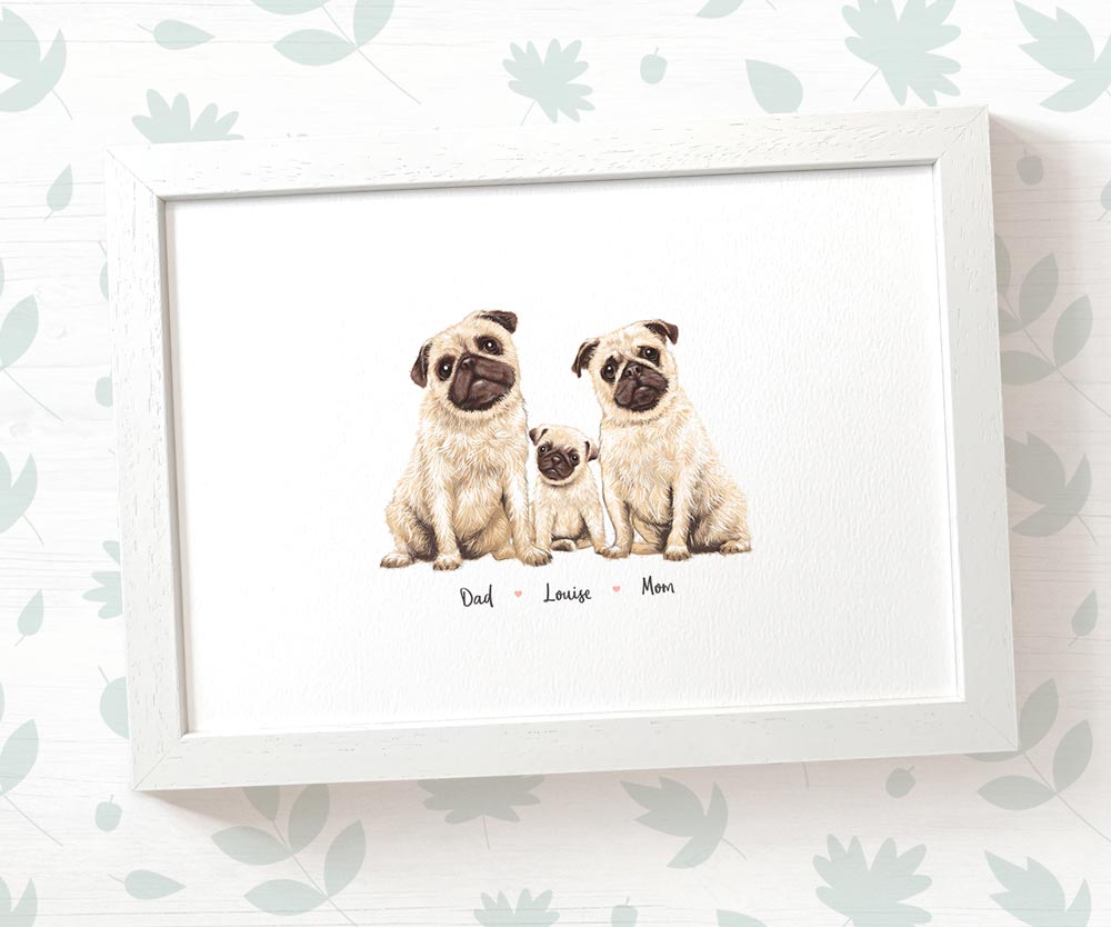 White framed A4 pug family portrait with personalised names for the perfect birthday gift for mum