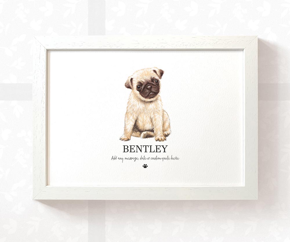 Fawn Pug Dog Pet Portrait Memorial Loss Birthday Christmas Gift Name Sign Personalised Poster Framed Print