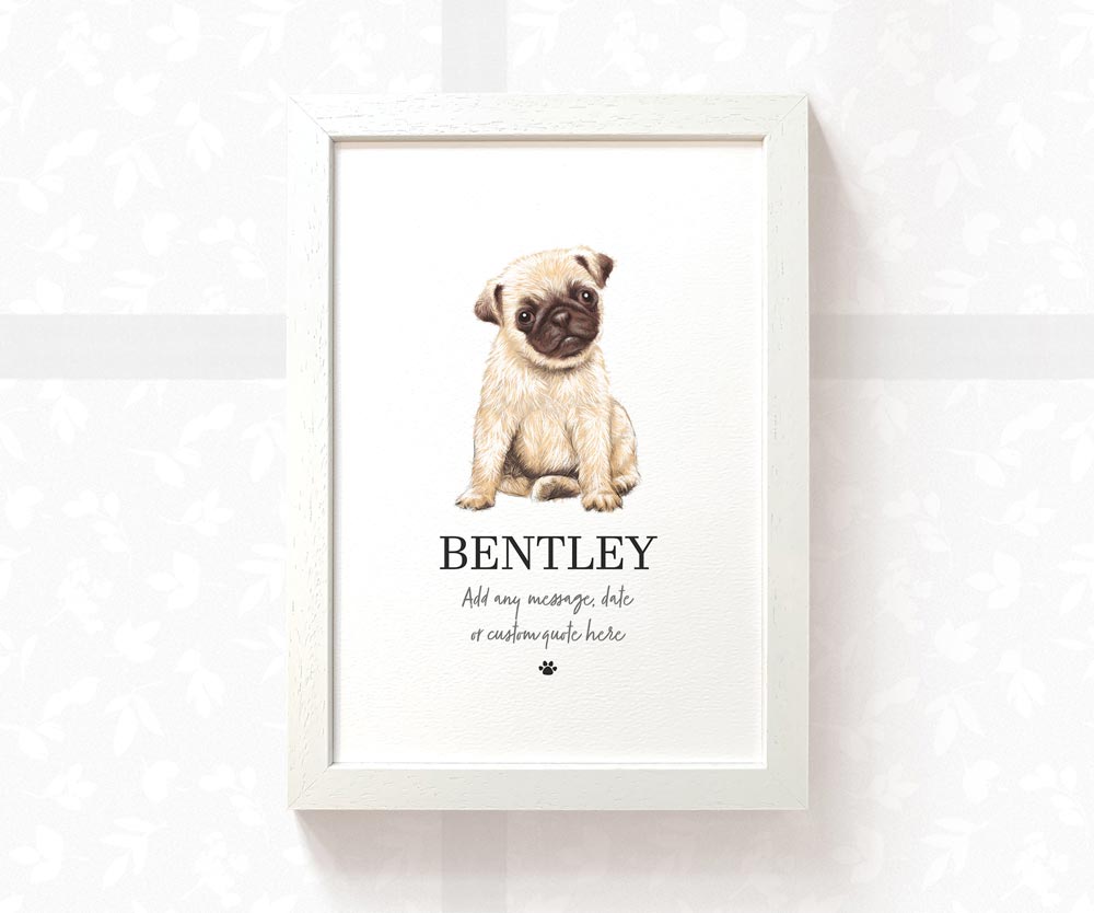 Pug Dog Puppy Pet Portrait Memorial Loss Christmas Gift Name Sign Personalised Wall Art Print Framed