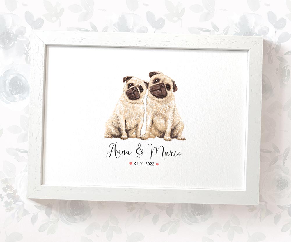 Fawn Pug Couple A4 Framed Print Personalized With Names And Date For An Exceptional First Anniversary Gift Idea