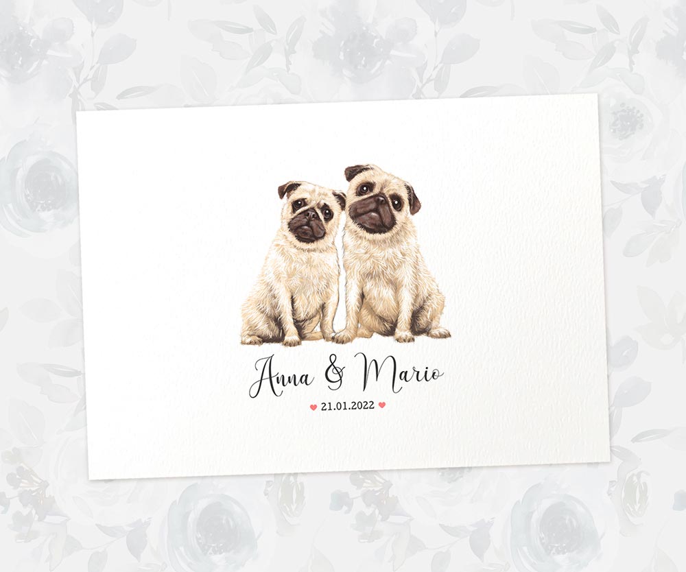 Two Pugs A3 Unframed Art Print Personalized With Names And Date For A Unique Valentines Gift