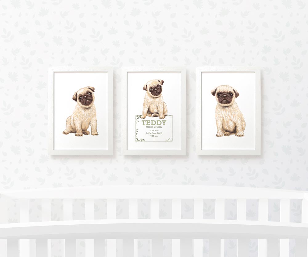 Personalised New Baby Gift Pug Birth Record Nursery Prints Dog Wall Art Set of 3