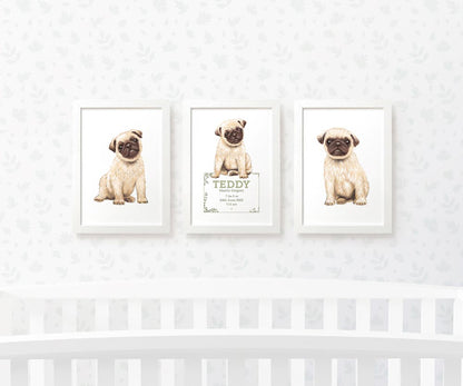 Pug Personalised Nursery Prints Set of 3