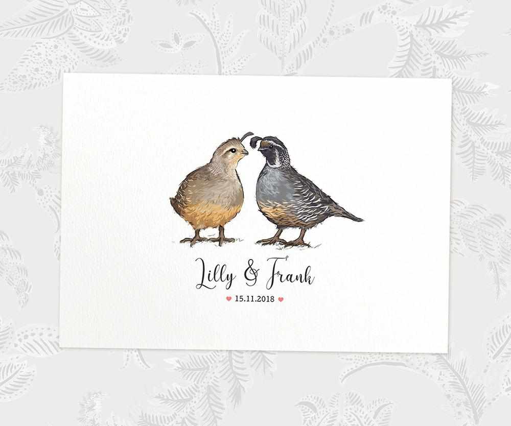 Two Quails A3 Unframed Art Print Personalized With Names And Date For A Heartwarming Valentines Day Gift