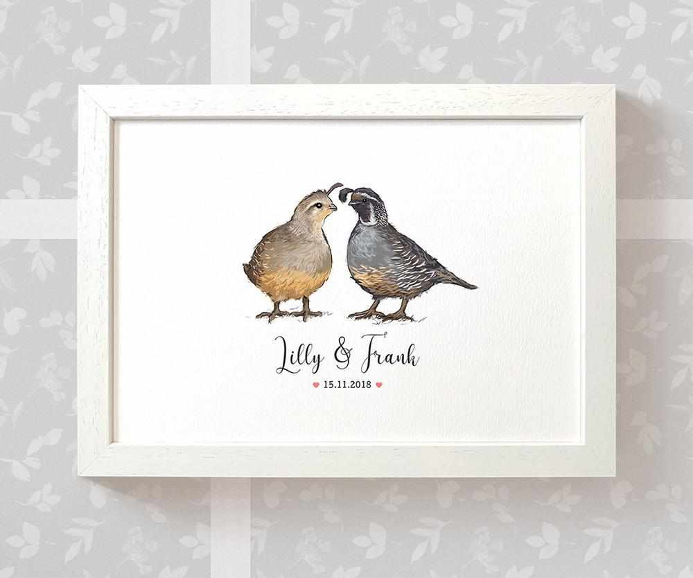 Quail Couple A4 Framed Print Personalized With Names And Date For An Exceptional First Anniversary Gift Idea
