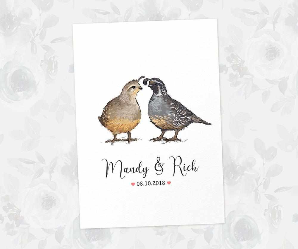Two Quails A4 Unframed Print Customized With Names And Date For A Thoughtful Valentines Day Gift