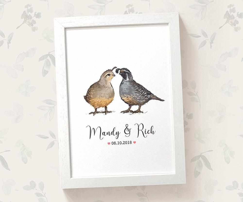 Personalized Quail Couple A4 Framed Print Featuring Newlywed Names And Date For A Unique Wedding Gift