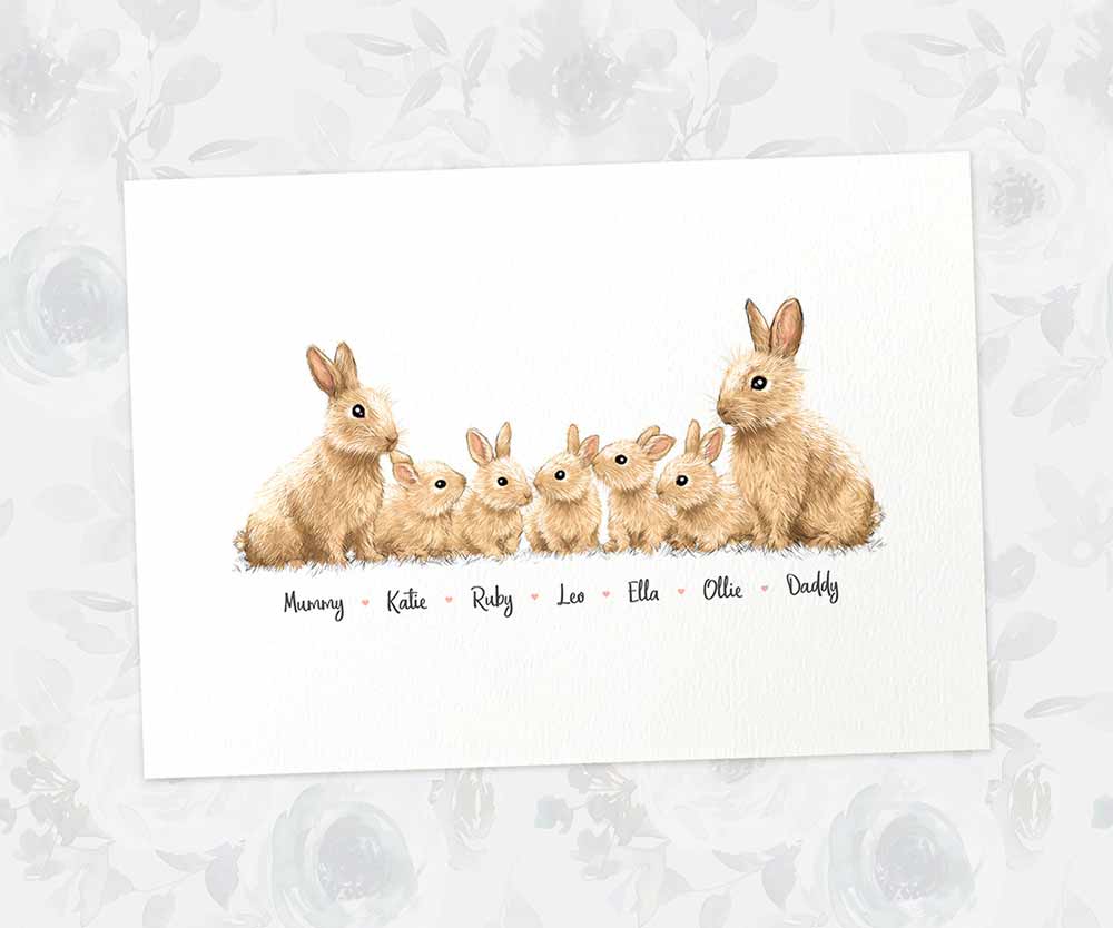 Printed A4 family of 7 bunny rabbits personalised with names for a special mothers day present