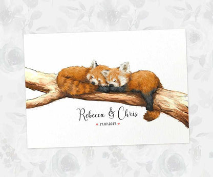 Two Red Pandas A3 Unframed Art Print Personalized With Names And Date For A Heartwarming Valentines Day Gift