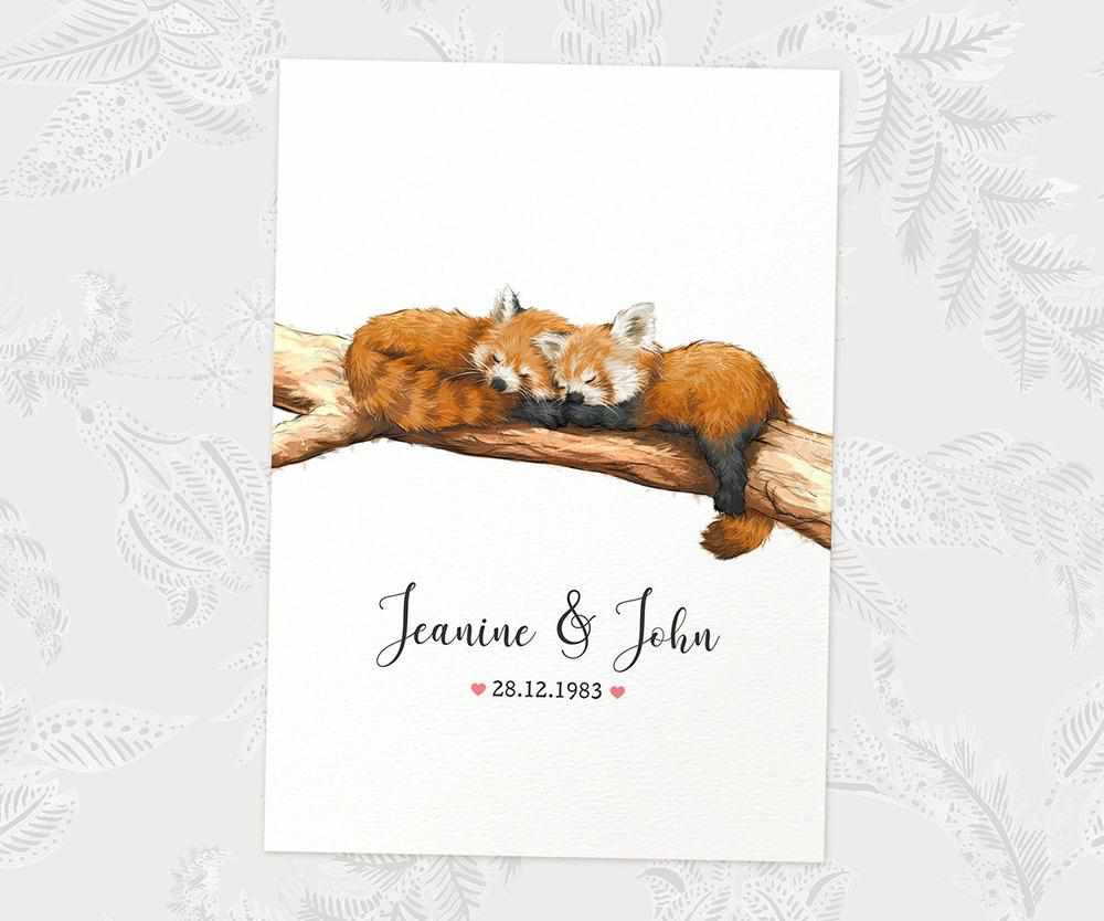 Two Red Pandas A4 Unframed Print Customized With Names And Date For A Thoughtful Valentines Day Gift