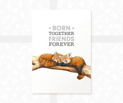 Twin Red Pandas Nursery Art Print | Born Together, Friends Forever | Children's Wall Art