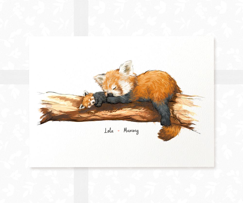 Red panda family portrait print featuring mother and baby personalised with names for a special new baby gift