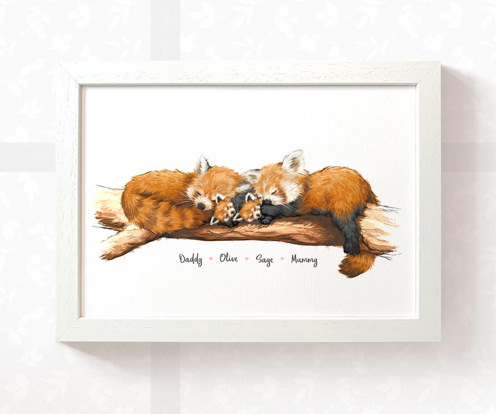 Framed red panda wall art print featuring mother father and children personalised with names for a unique twin baby shower gift