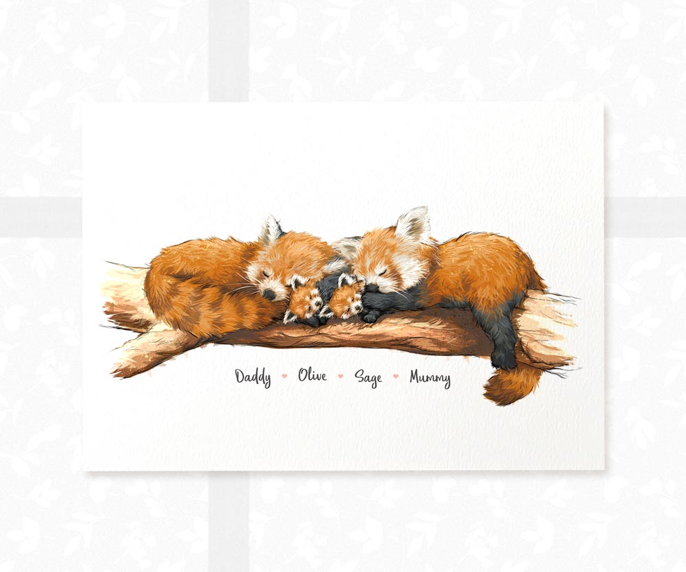 Red panda family portrait print featuring mum dad and two babies personalised with names for a special twin baby gift