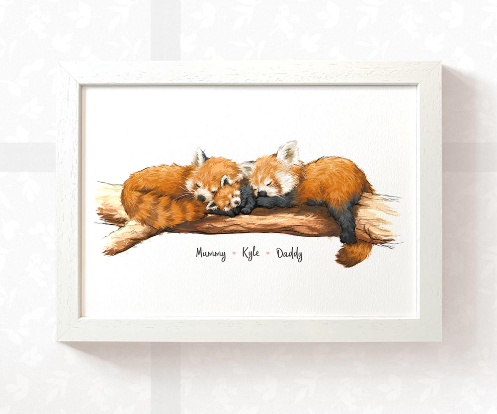 Framed red panda wall art print featuring mother father and baby personalised with names for a unique baby shower gift