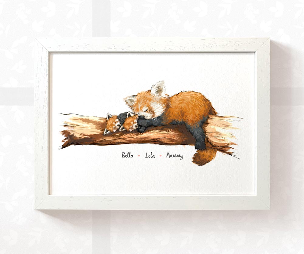 Framed red panda wall art print featuring mother and children personalised with names for a unique twin baby shower gift