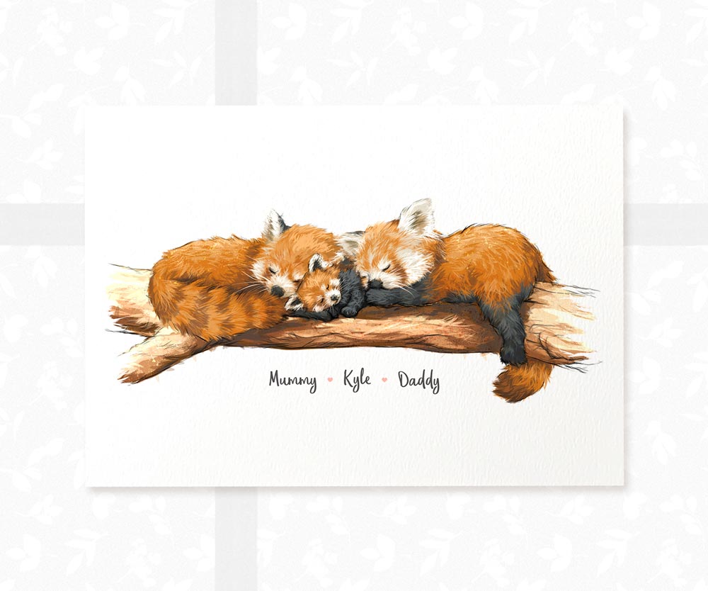 Red panda family portrait print featuring mum dad and baby personalised with names for a special new baby gift
