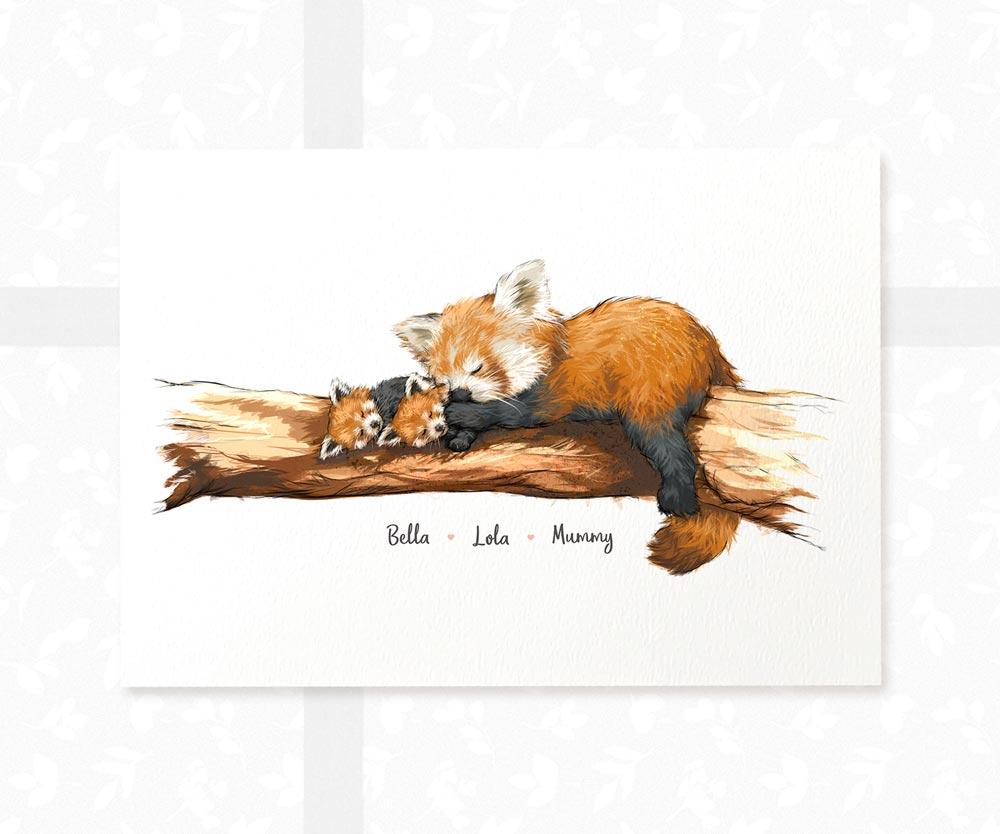 Red panda family portrait print featuring mother and two babies personalised with names for a special twin baby gift