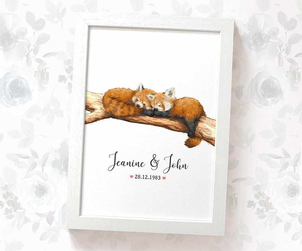 Personalized Red Panda Couple A4 Framed Print Featuring Names and Date For A Special First Anniversary Gift